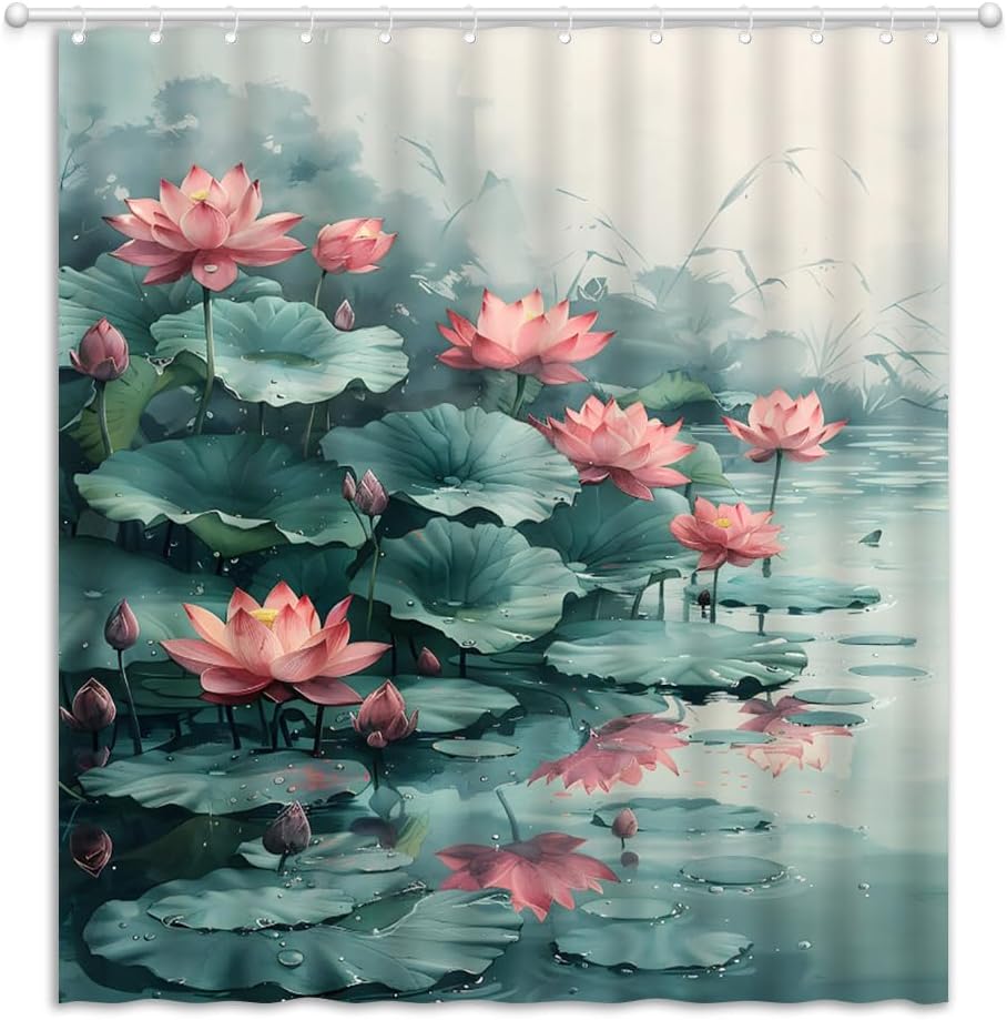 Lotus Shower Curtain Asian Chinese Japanese Oil Painting Green Leaves Elegant Floral Botanical Aesthetic Women Girls Bathroom
