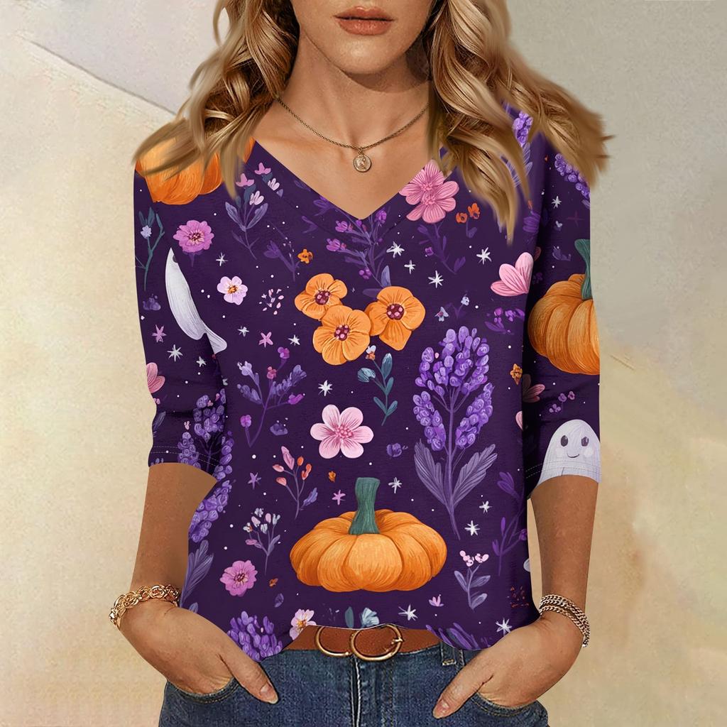 Women's Casual Halloween Print V Neck Three Quarter Sleeve Top Lightweight Soft Fabric Stylish Fit Comfortable Design