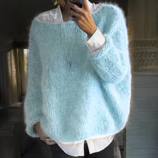 Women Sweater Round Neck Long Sleeve Loose Fit Knitting Tops Breathable Loose Hem Solid Color Knitwear