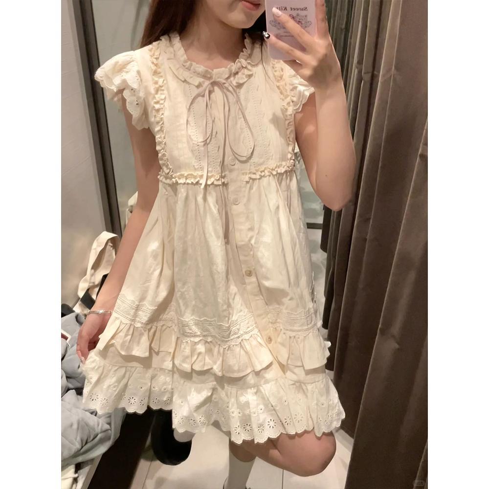 Vintage Milk Sweet Small Fly Sleeve Dress Women's Summer Fungus Lace Princess Doll Short Dress Small Man