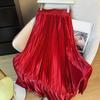 Maxi Skirt High Waist Glossy Long Skirt Solid Color Pleated Design Large Hem Dance Skirt Work Leisure Daily Wear
