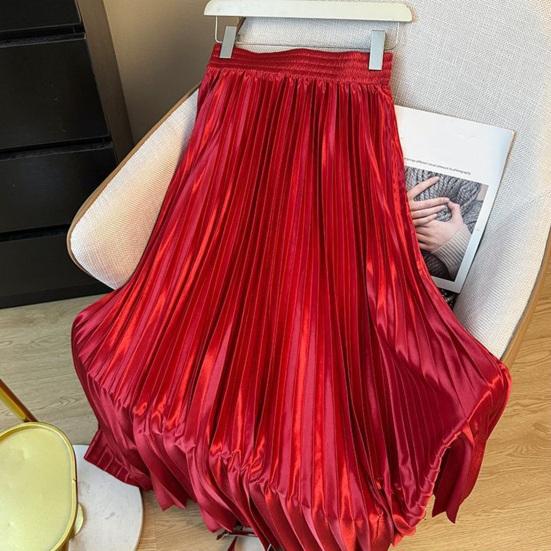 Maxi Skirt High Waist Glossy Long Skirt Solid Color Pleated Design Large Hem Dance Skirt Work Leisure Daily Wear