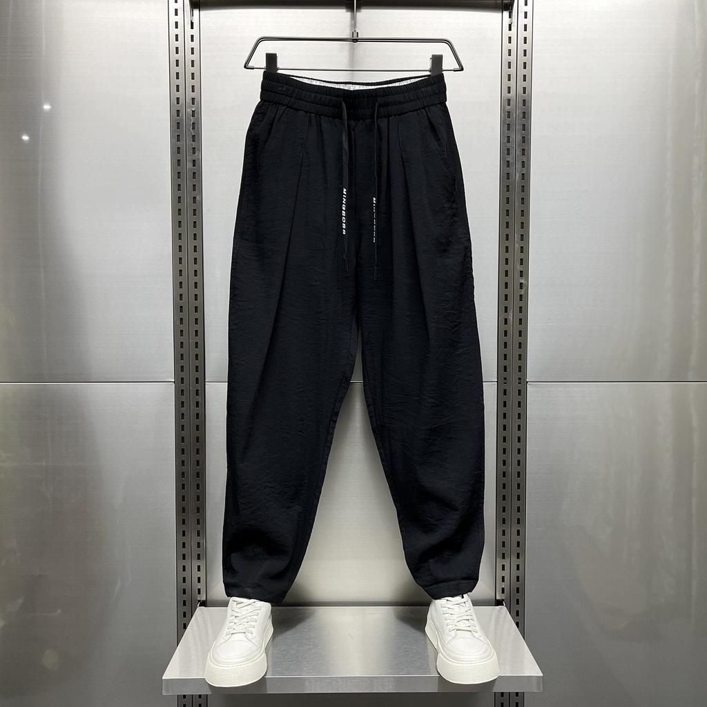 Men's Spring Autumn Fashion Cotton Hemp Solid Men's Clothing Loose Loose Korean Elastic Waist Chaopai Versatile Y2K Carrot Pants