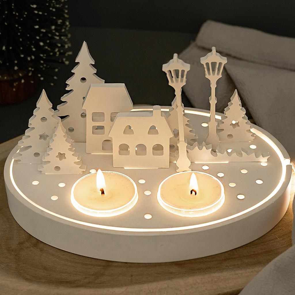 Round Candle Holder Silicone Mold with Hollow Tree House Street Lamp DIY Nightlight Silhouette Candlestick Mold 3D Plaster Craft