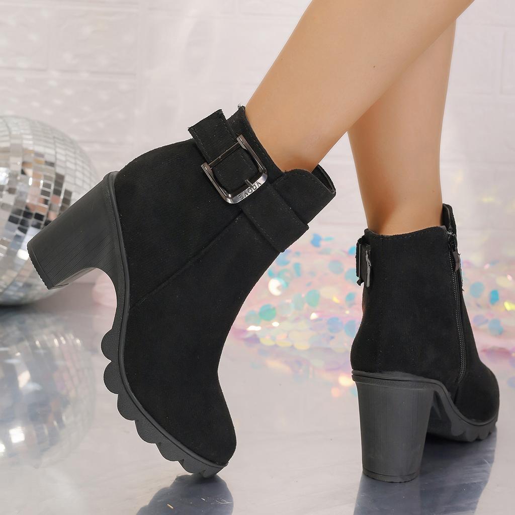 Fashion Aphixta 8cm High Heel Black Ankle Boots Buckle Side Zip Women Elegant Platform Lady Footwear Shoes Women Autumn Winter Boots