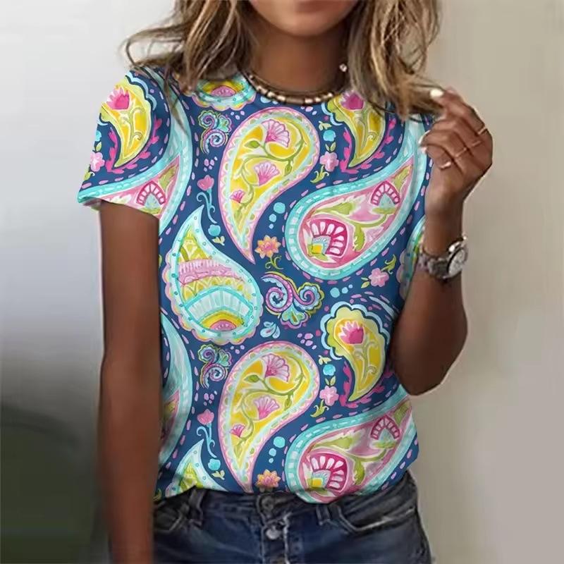 Women's T-shirt 3D Pattern Printed Casual Short Sleeved Vintage Floral Print O-Neck Top Fashionable Street Women's Clothing