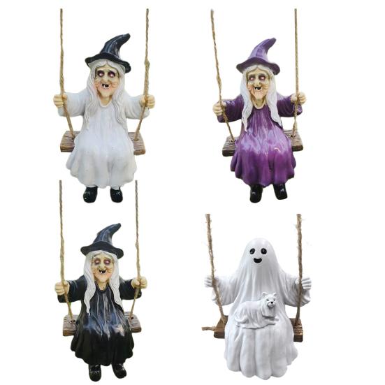 Halloween Swing Ghost Statue Resin Ghost Dog Witch on A Swing Figurine Outdoor Tree Hanging Ornament for Garden Patio Lawn Yard Decor
