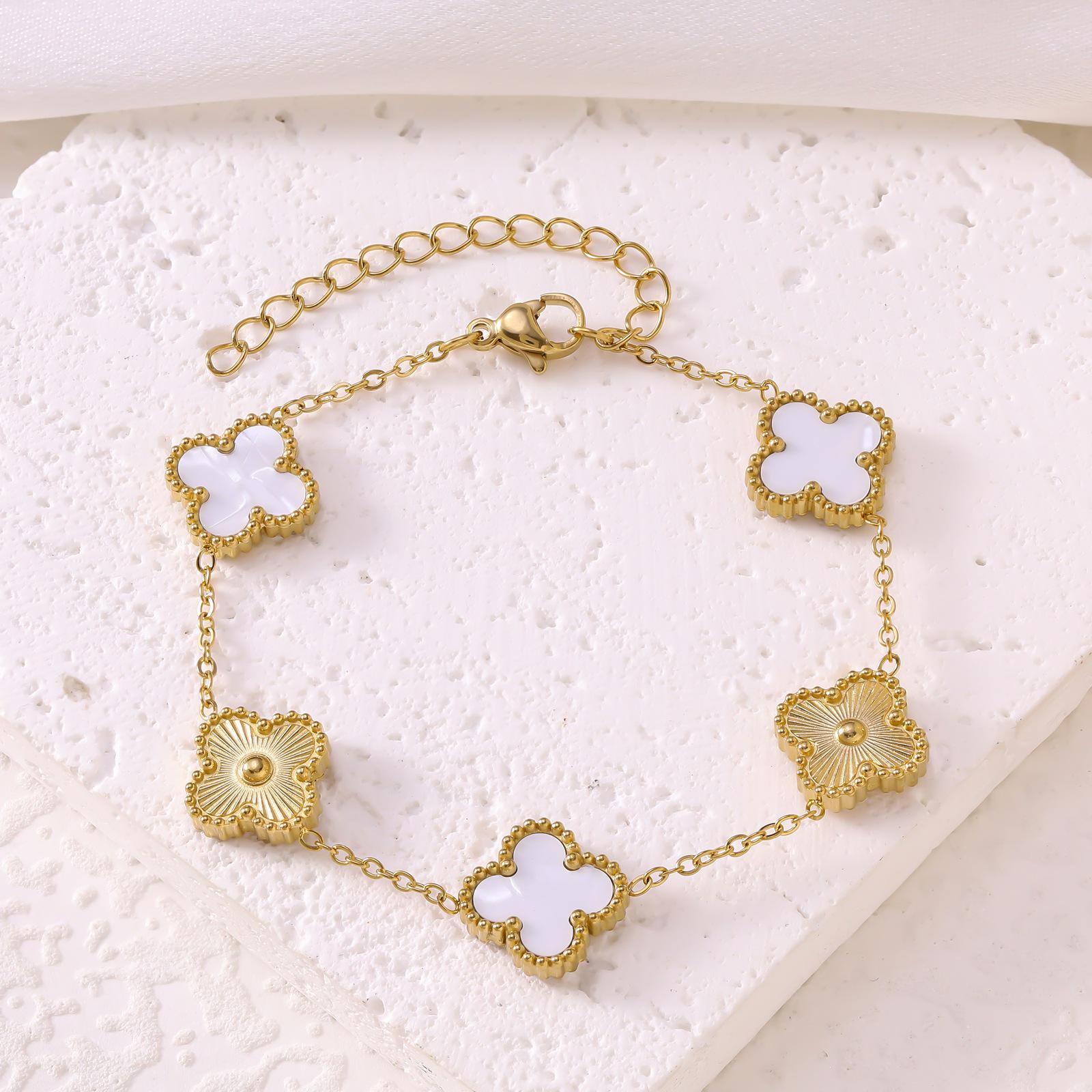 Unisex 18K Stainless Steel Lucky Clover Bracelet with Colorfast Double-Sided Mother-of-Pearl. 18K белый/золотой