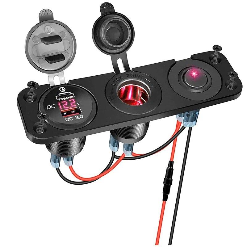 3 In 1 Panel Power Socket QC3.0 USB Type C PD Car Charger Outlet Power Adapter with Voltmeter for Car Boat RV