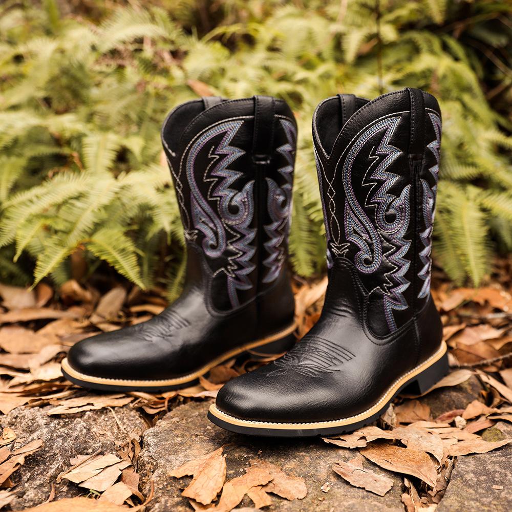 Cowboy Boots for Men Square Toe Western Boot Retro Classic Embroidered Pull On Boot Slip Resistant Boots Men's Comfor Faux Leather Mid-Calf Booties