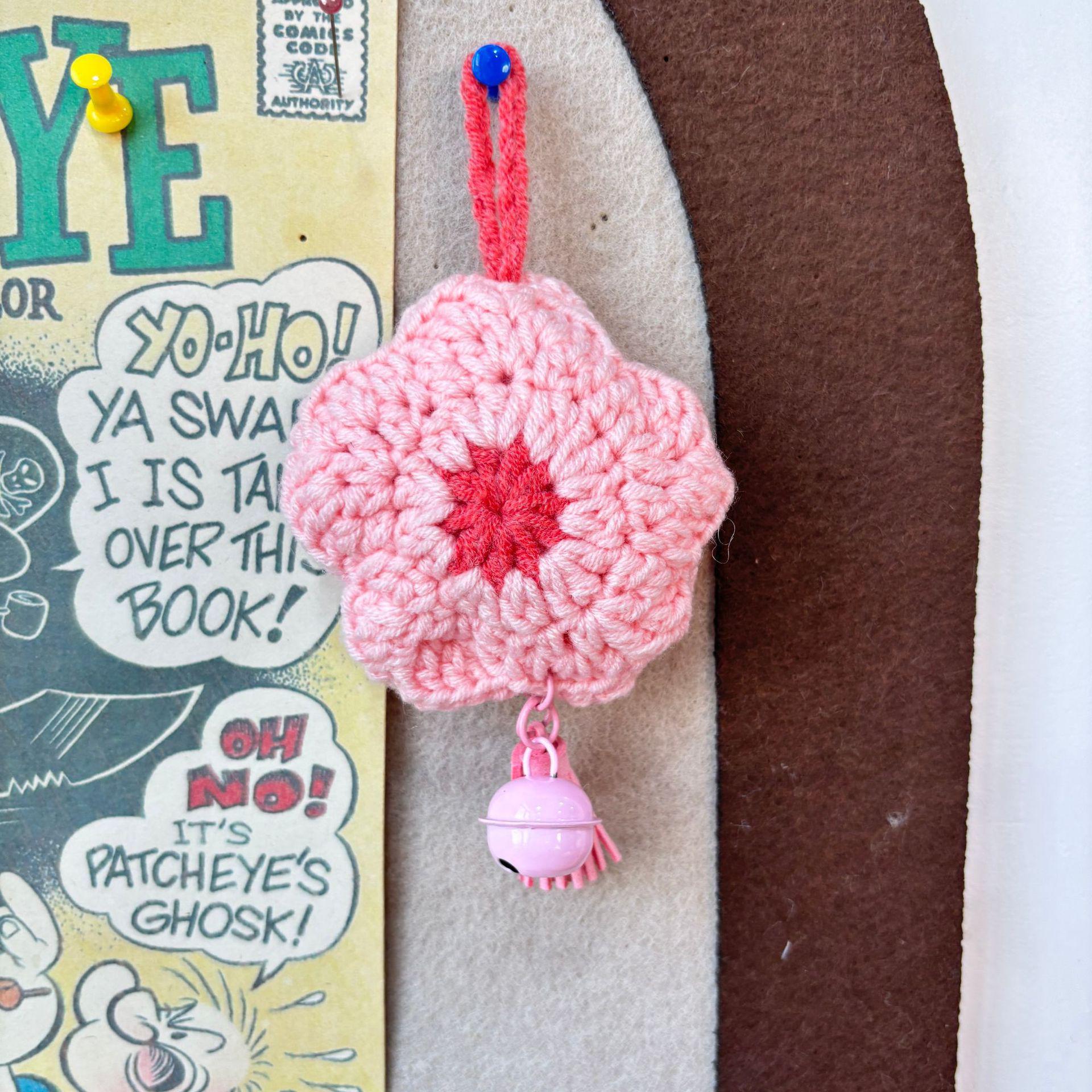 Handmade Cherry Blossom Car Pendant with Wool Crochet Flower and Tassel Keychain