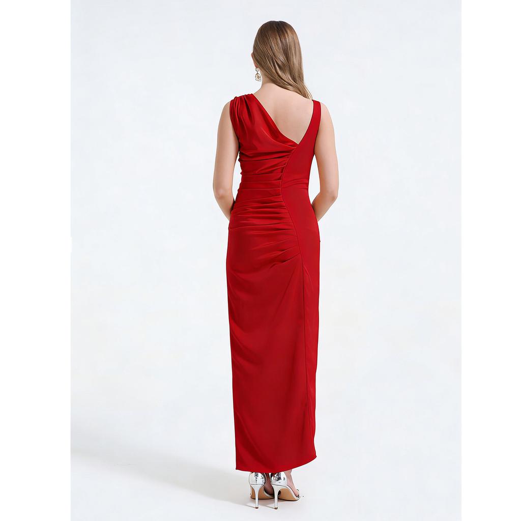 Summer New Arrival Acetate Satin Asymmetrical-Cut Bodycon Dress For Women Elegant One Shoulder Folds Splice Party Prom Dress