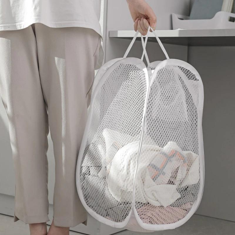 1PC Foldable Mesh Laundry Basket Toy Organizer Bag Collapsible Clothes Baskets for Dorm, Bathroom & Travel