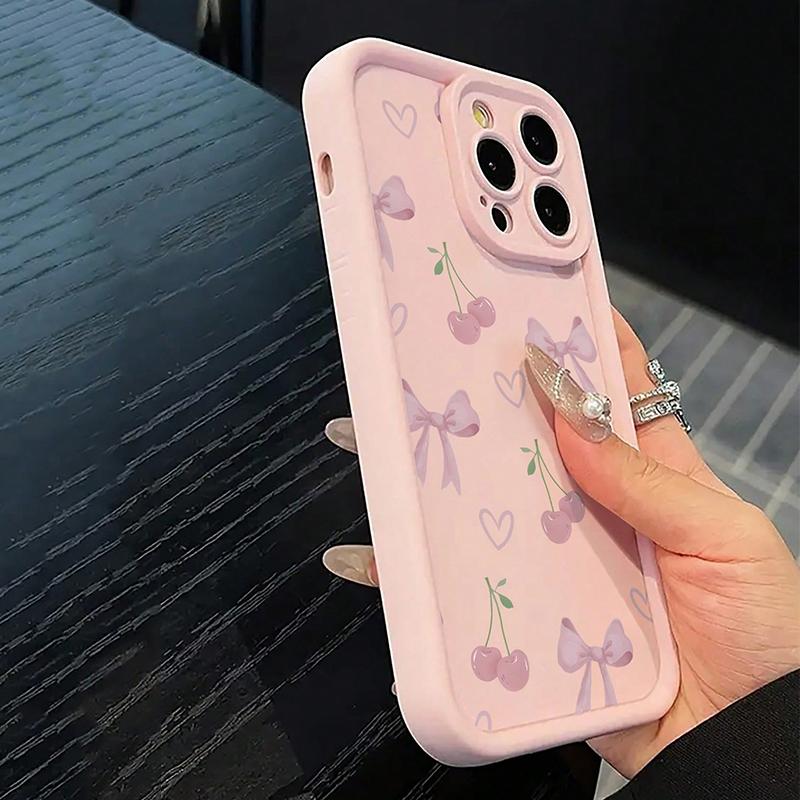 Girly Pink Cherry Bow Pattern Anti-Fall Anti-Slip Phone Case For iPhone 17 16 Pro Max 15 14 13 12 11 XS X XR 7 8 Plus 16e Cover