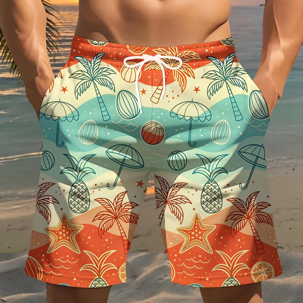 Men's fashionable printed beach shorts, 3D printed beach pattern, - casual polyester fiber drawstring waist