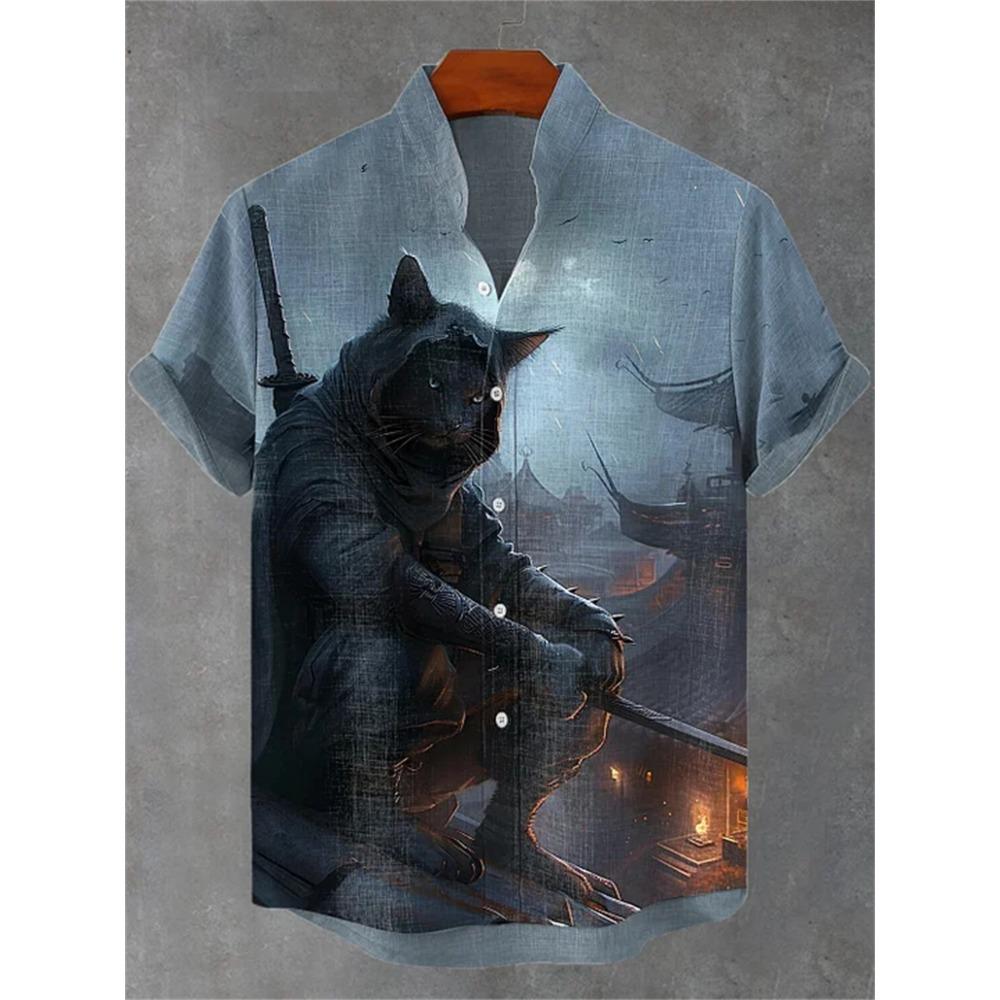 Men's Short-sleeved Shirt with Cat and Dinosaur Print, Casual and Stylish Vacation-style Men's Top, Fashionable Hawaiian Design.