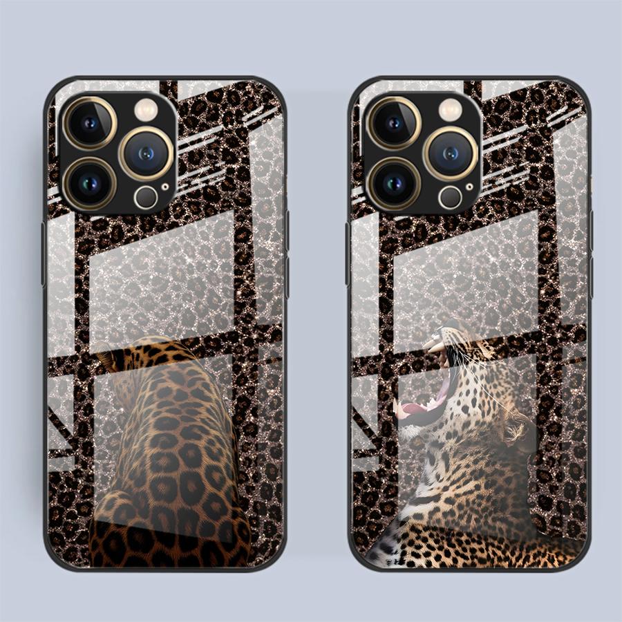 Glass Phone Cover Case for iPhone 17 Pro Max 8 15 Plus 11 Air 14 16 12 XR 13 Leopard Print Leopard