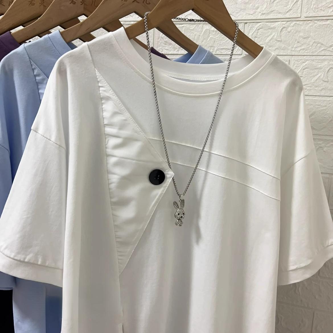 

DIMANAF 2024 женская футболка с пуговицами женские однотонные хлопковые свободные топы с круглым вырезом с короткими рукавами и футболки фиолетового цвета One Size