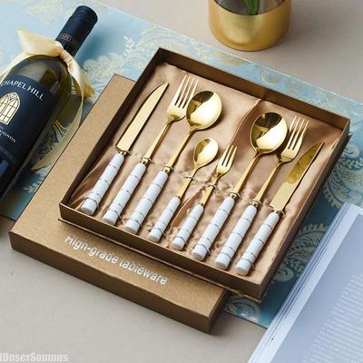 8 Pcs Steel Cutlery Set with Ceramic Handle Knife Fork and Spoon Set Non-fading Western Steak Cutlery Gift for Friends Stainless