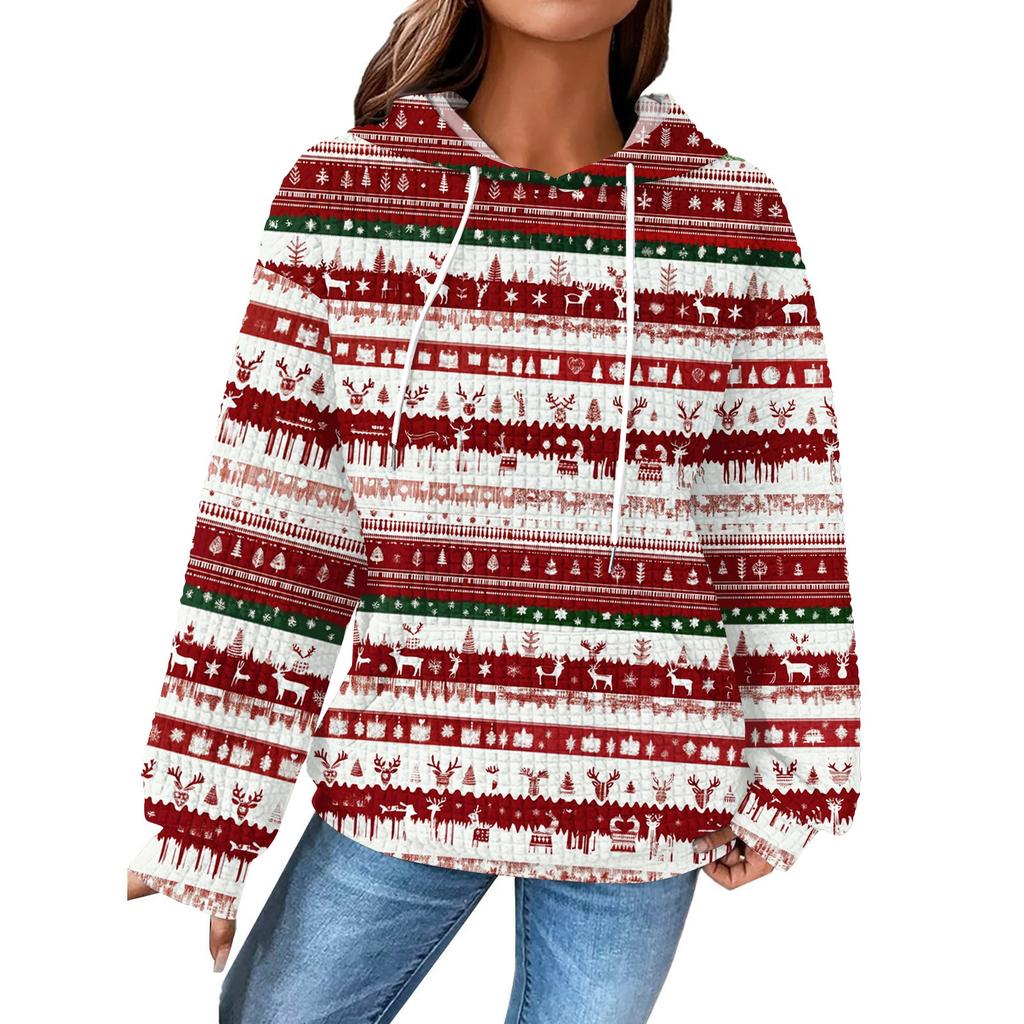 Mote løs hettegenser for kvinner, langermet genser med snøring, drop shoulder, lomme, topp med juleprint