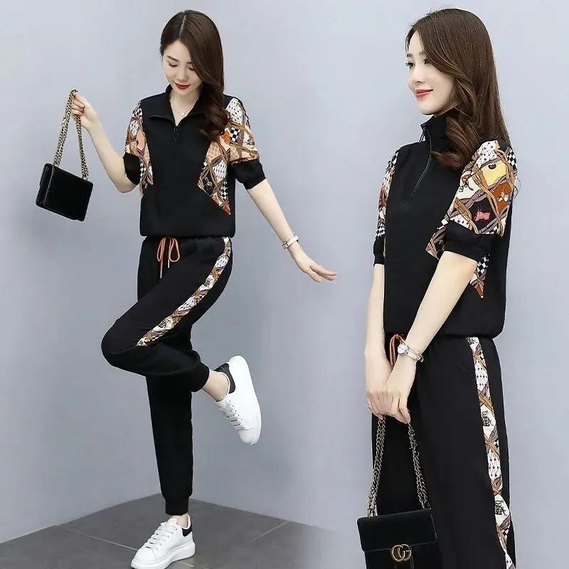 Women's Summer Tracksuit Pencil Pant Casual Cropped Top + Pants Two-Piece Set