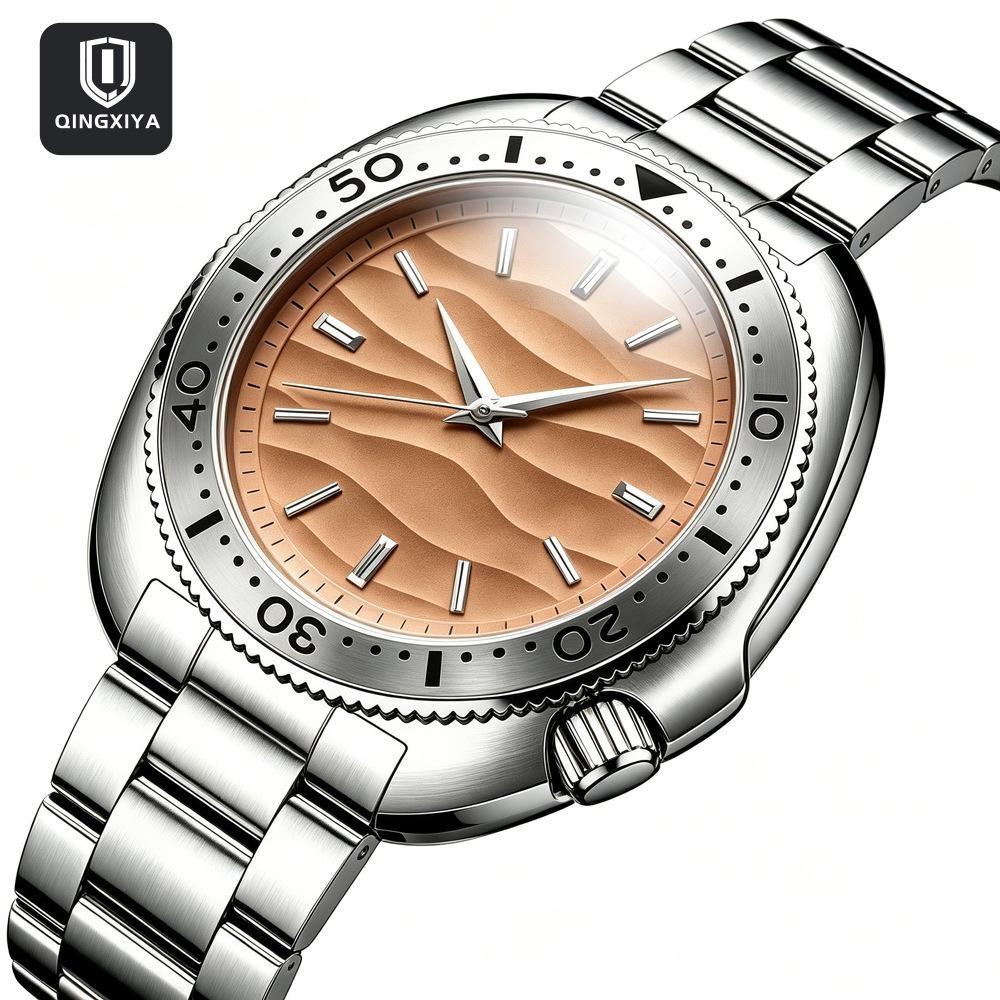 Mens Vintage Watch Steel Quartz Analog Wrist Watch Wateproof Rotating Bezel Wave Orange Dial Dress Watch for Men