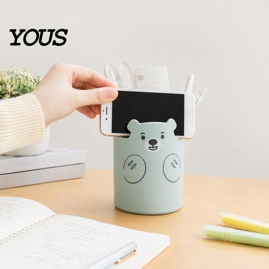 Macaron Colors Desk Organizer Cute Bear 2-in-1 Pen Holder & Phone Stand, Organizer, Large with Stand Capacity Storage for Pens Makeup Brushes Scissors