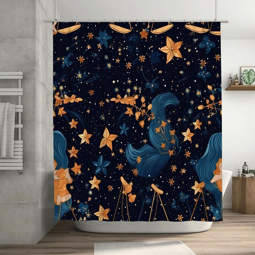 Blue Moonlight Shower Curtain Mermaid Starfish Design for Bathroom Decoration Waterproof Fabric Decorations for Kids Bathrooms