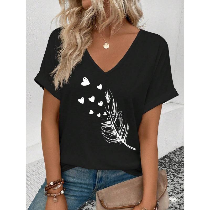Casual Women's V-neck T-shirt T-shirt Summer Outdoor Fashion Short Sleeve Simple Pattern Printed Versatile Size Women's Clothing