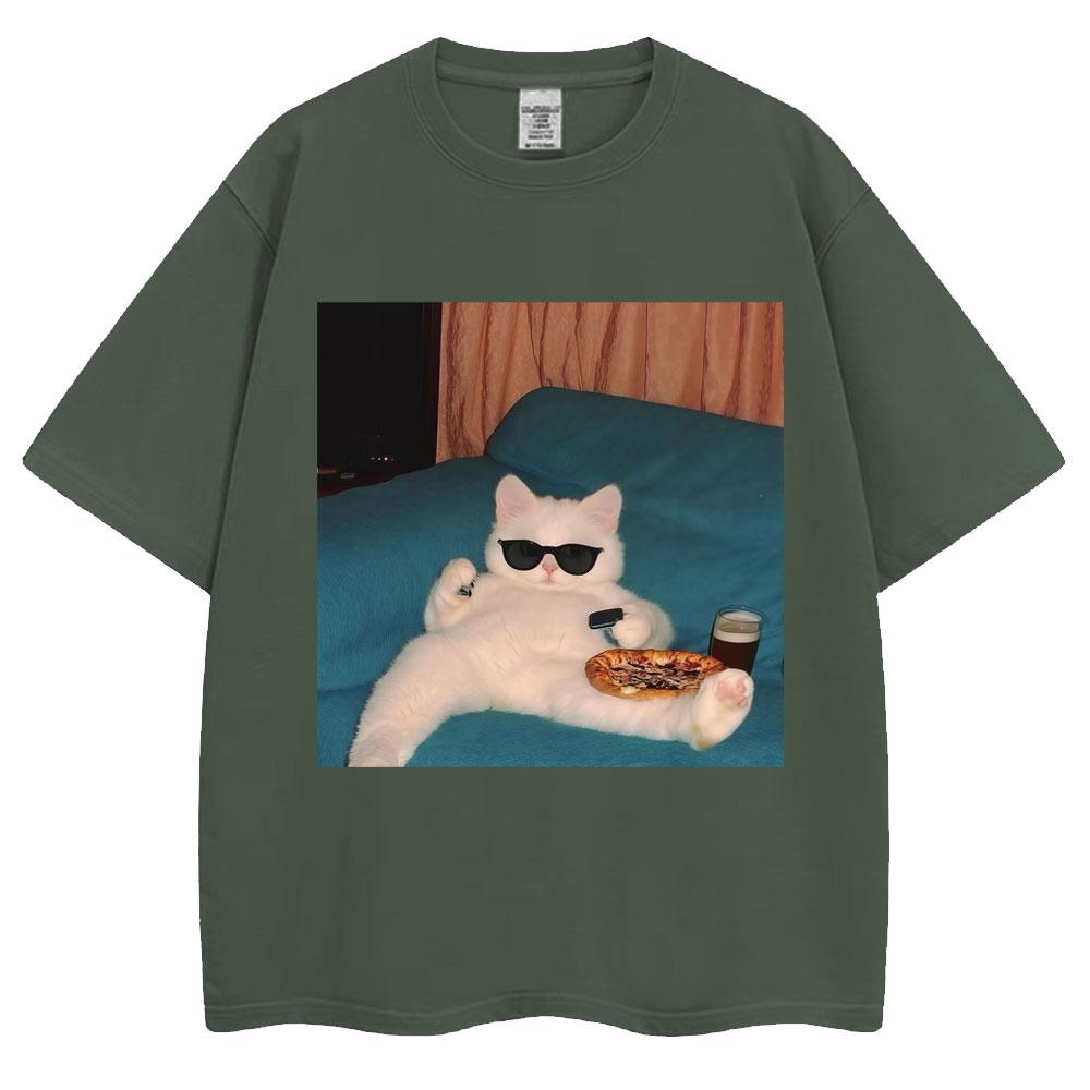 Funny Glasses Cat and Pizza Meme Tshirt Unisex Women Creativity Fashion Kawaii T Shirts Loose Cotton Casual Tees Cat Lovers Gifts