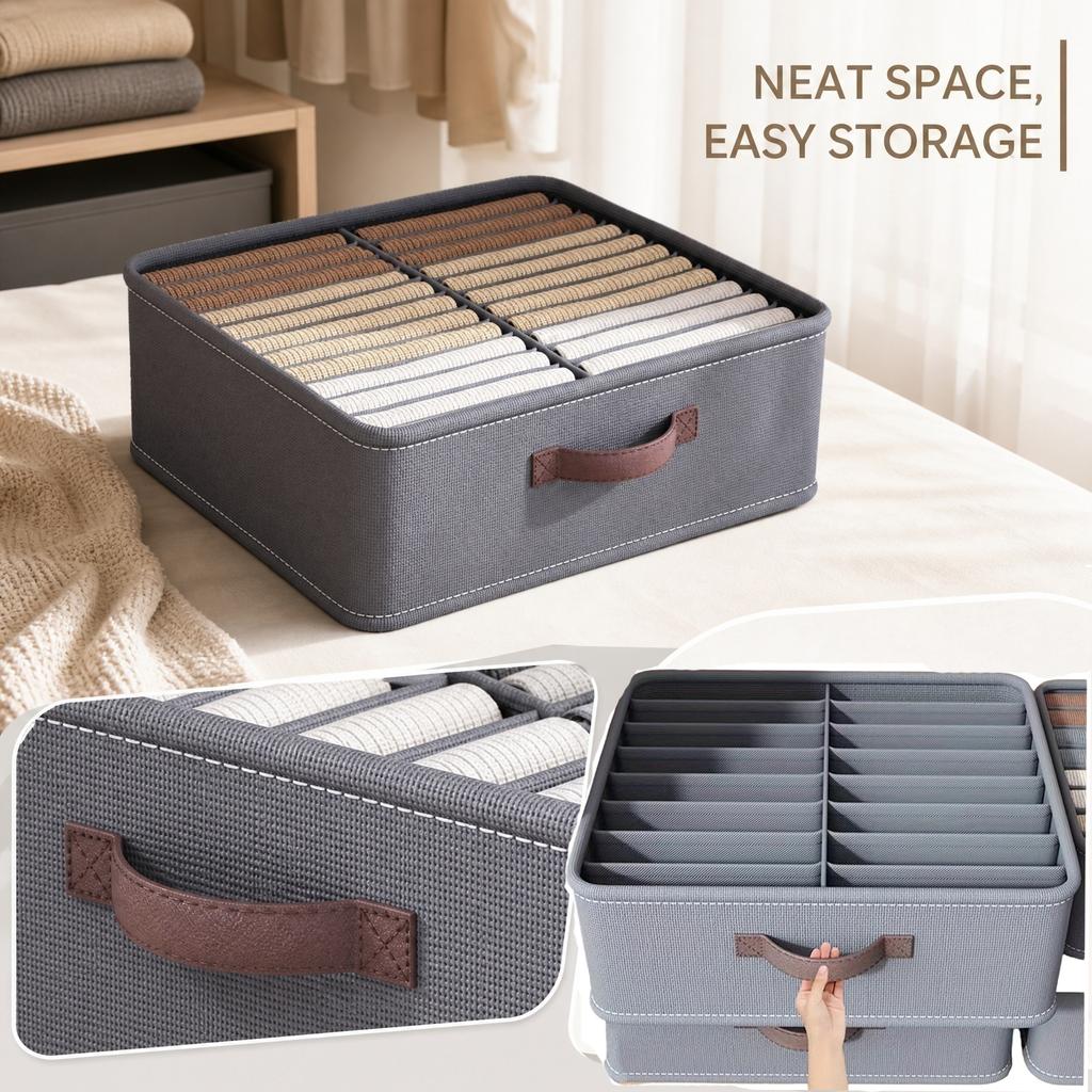 Double Compartment Clothing Organizer Storage Box Home Foldable Fabric Divider Drawer Storage Container with Handle for Closet and Wardrobe