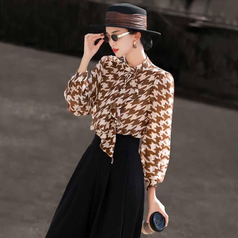 Lansheer Women s Elegant Houndstooth Blouse with Tie Neck XL
