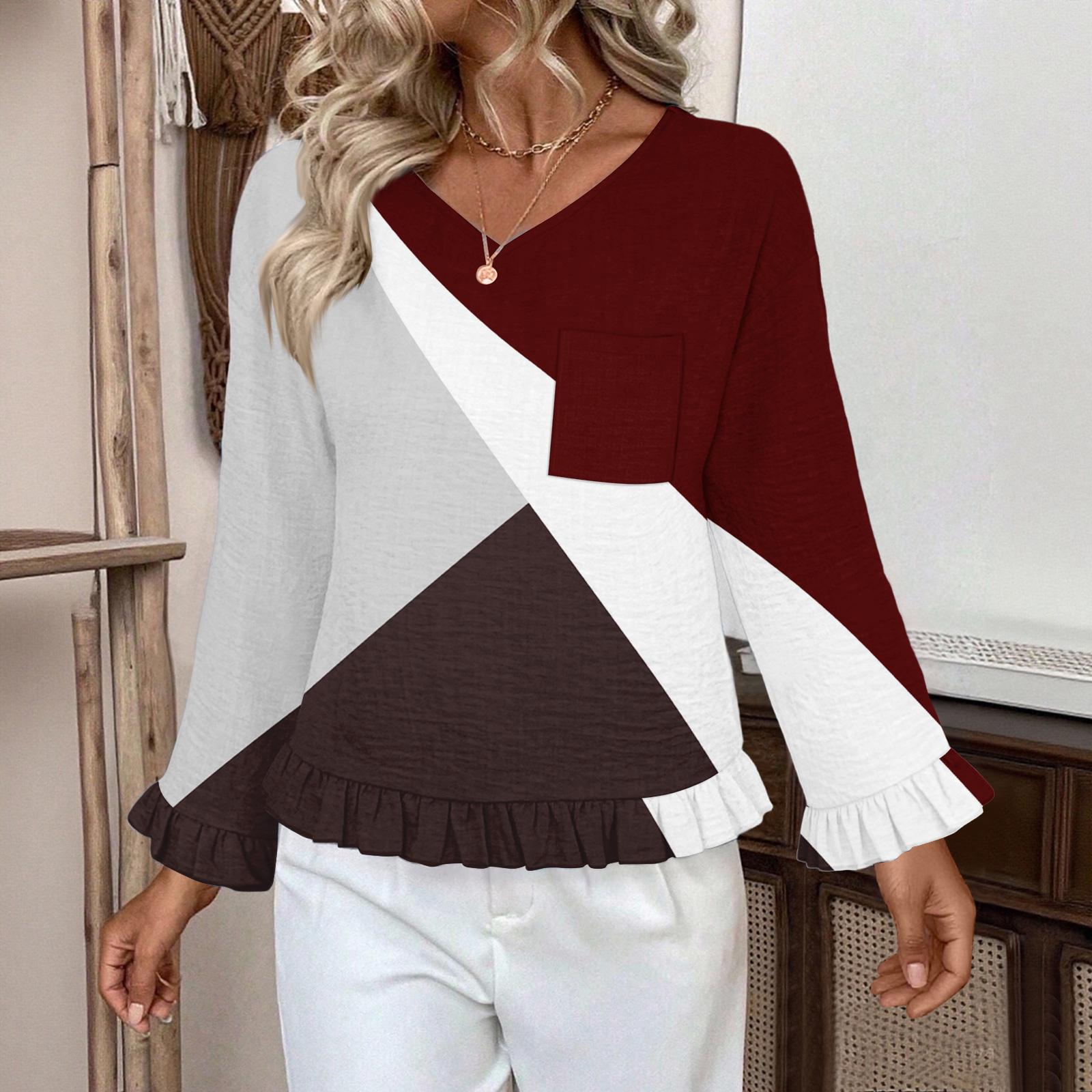 

Женский повседневный модный топ с оборками, V-образным вырезом, принтом и длинными рукавами S винный