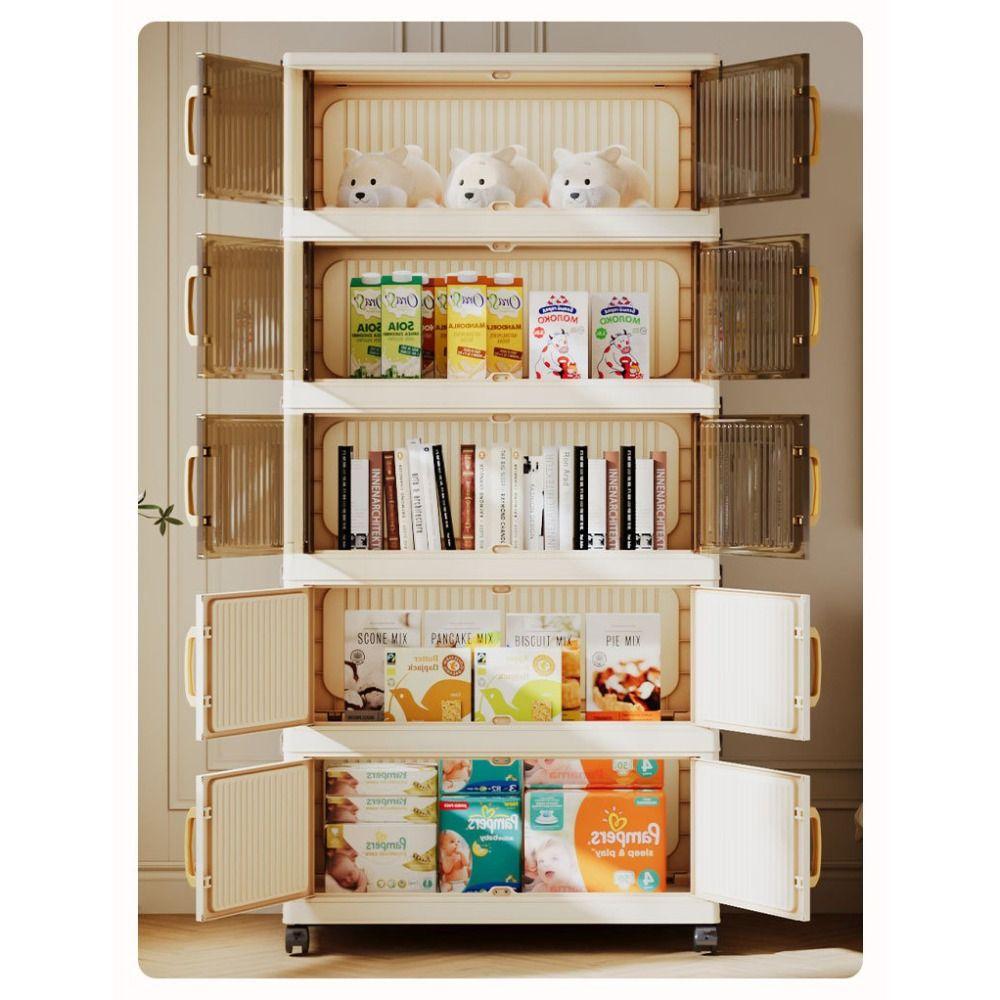 Plastic Storage Cabinet Transparent Door Stackable Design Multi Layer Cabinet Simple Assembly With Wheel Large Capacity Storage