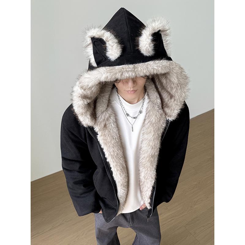 American Eagle Cat Ear Suede Fur Collar Jacket - Autumn/Winter Plus Velvet Short Outerwear