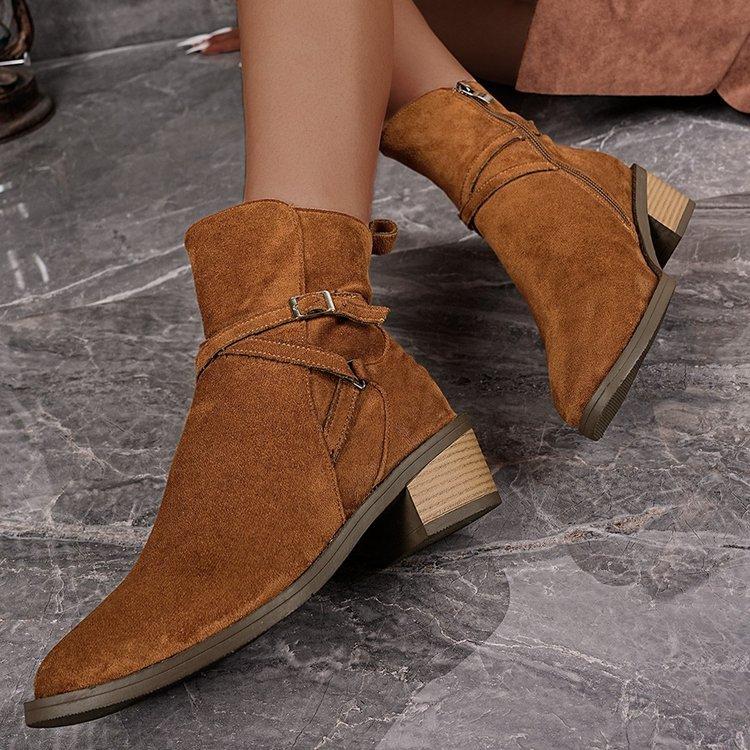 Large Size Round Head Square Heel Side Zipper Cigarette Boots Autumn New Metal Buckle Low Tube Women's Boots