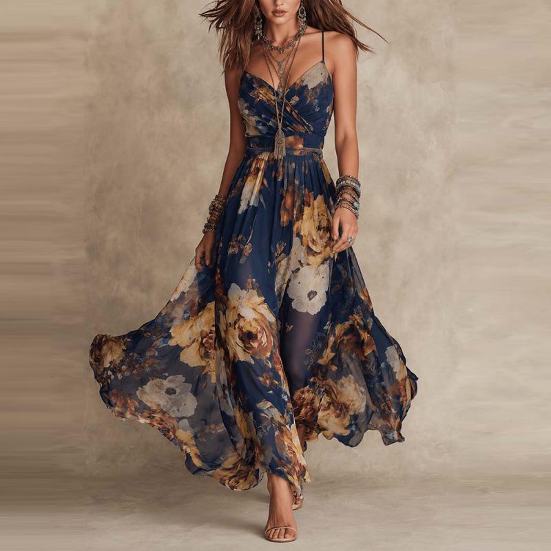 Spring and summer European and American women's clothing printed pleated sexy suspender dress long dress