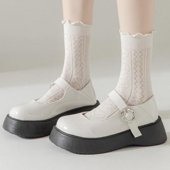 1 Pair Women Summer Socks Mid-tube Thin Shirring Lace Anti-slip Cooling Solid Color High Elasticity Sweat Absorption Adult Home Yoga Socks Piled Socks