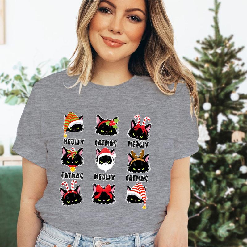 Merry Christmas Cat Classic Tshirt Santa Cat Lover Gift for Christmas Crew Neck Womens Clothing Festive Short Sleeve Tshirts