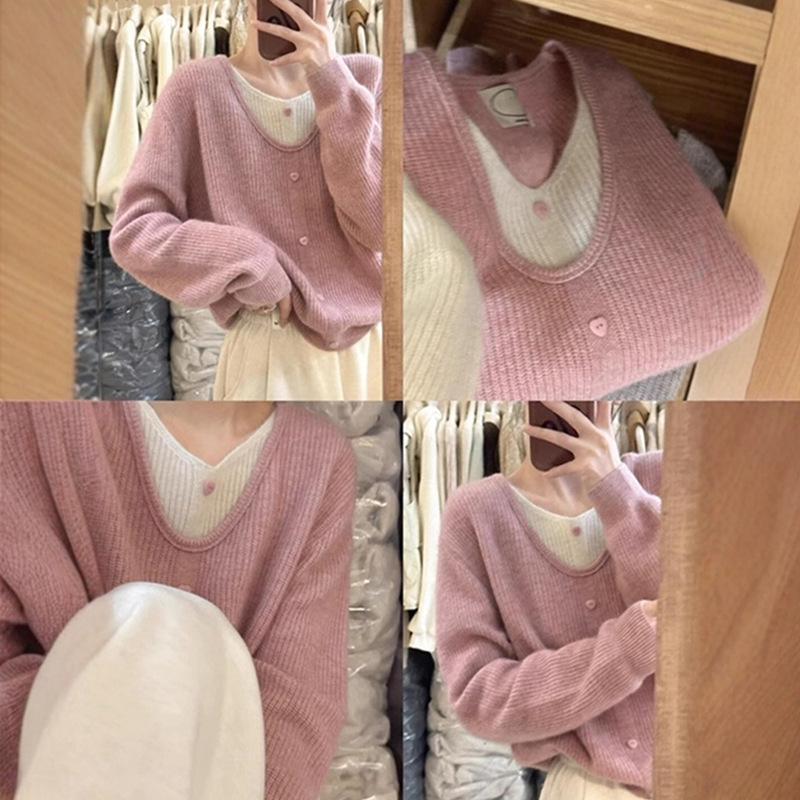 Korean Style Green V-Neck Knit Two-Piece Look Sweater - Women's Autumn/Winter Soft and Stylish Top