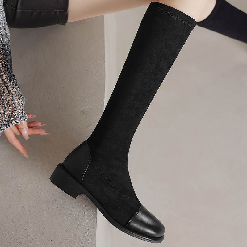 Krazing Pot Microfiber Autumn Winter Shoes Low Heels Size 43 Long Boots Half Boots Zip Stretch Thigh High Boots