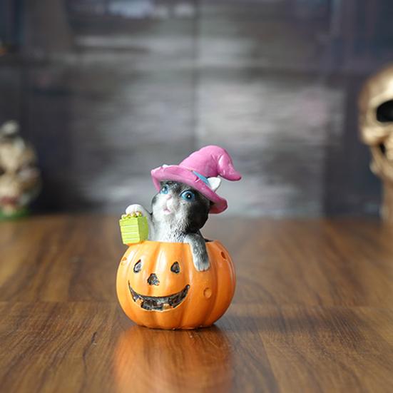 Halloween Cat on Pumpkin Figurine Cute Pumpkin Cat Statue Indoor Resin Sculpture for Shelf Tabletop Bedroom Entryway Decor