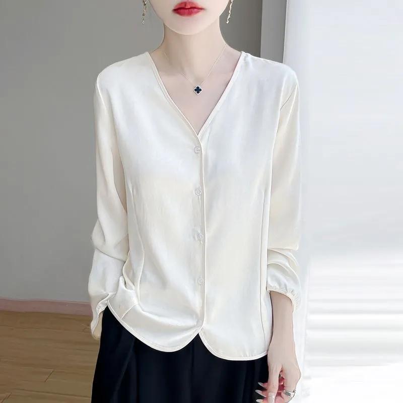 Summer New All Match Long Sleeved Silk Shirt Fashion Loose V-neck Classic Elegant Temperament Top