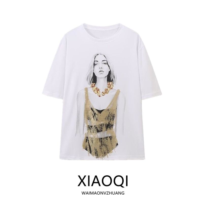 Fashion Style 2024 Autumn New Women's Clothing Easiest for Match Metal Print Cotton Comfortable Short Sleeve T-shirt 5644672