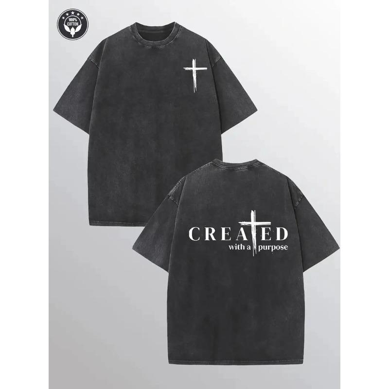 

Double-Sided Washed with CREAEDWITHAPURSE Print, Men s T-shirts Featuring High-Quality Print, Vintage, All Seasons, Casual Crew Neck, Machine Washable S чёрный