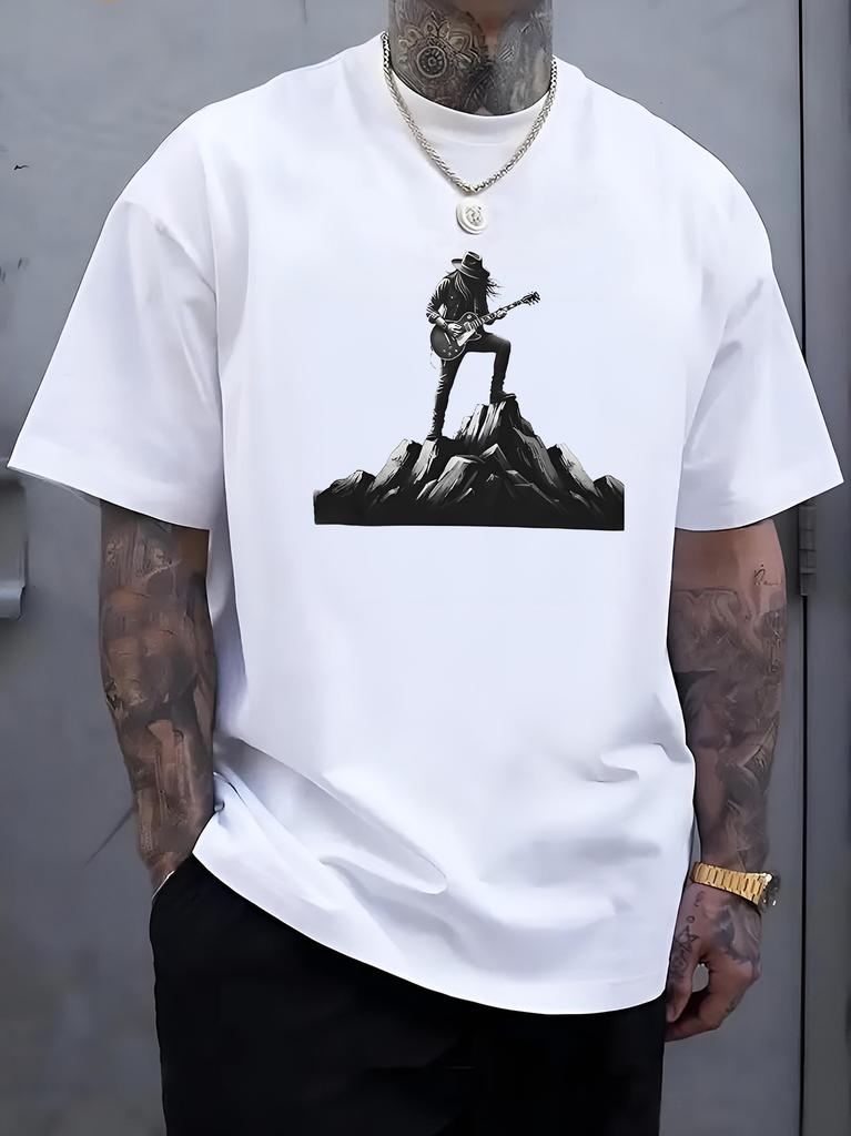 Men Crew Neck Tee Mountain Guitarist Silhouette Print Short Sleeve Oversized Male Daily Casual