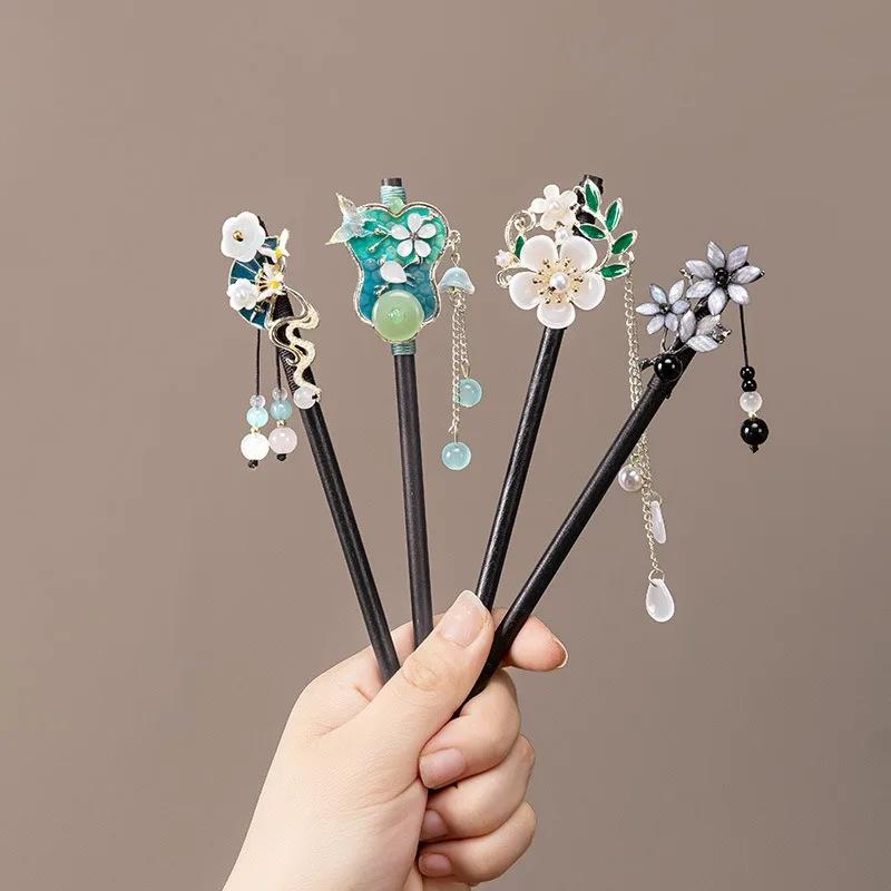 New Chinese Style Antique Style Green Fan Flower Women's Walk Shaking Wooden Hairpin Banquet Party Cheongsam Hanfu Accessories