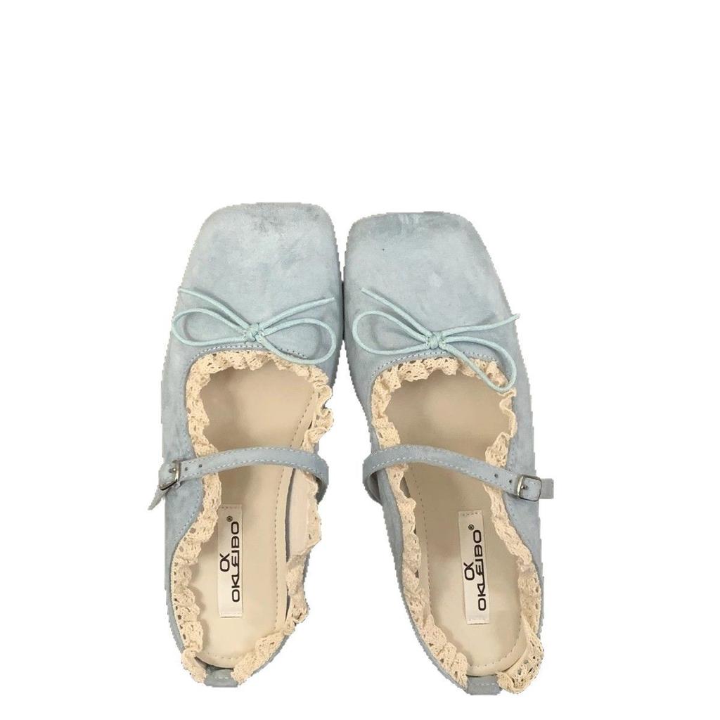 Evening women's shoes gentle flat French Mary Jane half slippers bow single shoes spring and summer retro blue ballet shoes