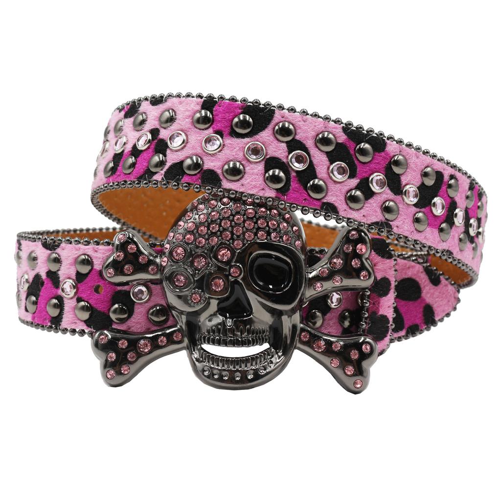 Leopard Print Rhinestone Belt for Women Skull Belt for Women Inlaid with Diamonds Fashion Punk Dark Style Personalized Trend Belt