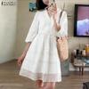 Women Casual V-Neck Lace Patchwork Holiday Loose 3/4 Sleeve Dress